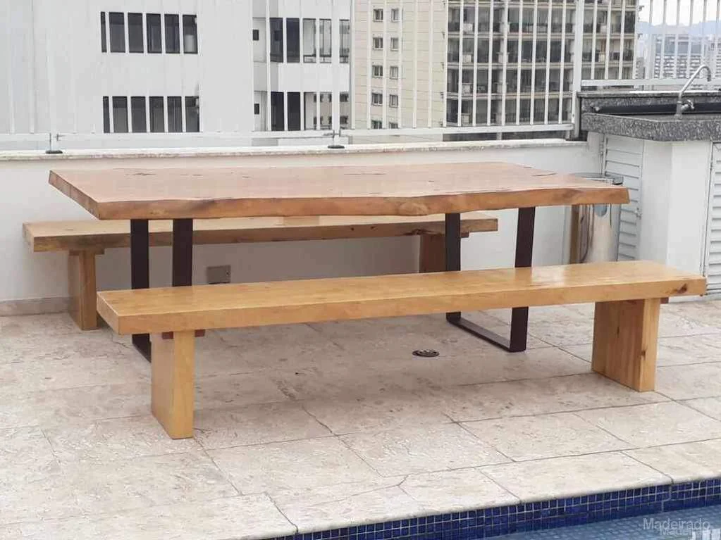 Conjunto Cabapuã - Mesa com 2 Bancos de Madeira Maciça Pequiá 220 x 110 - Image 3