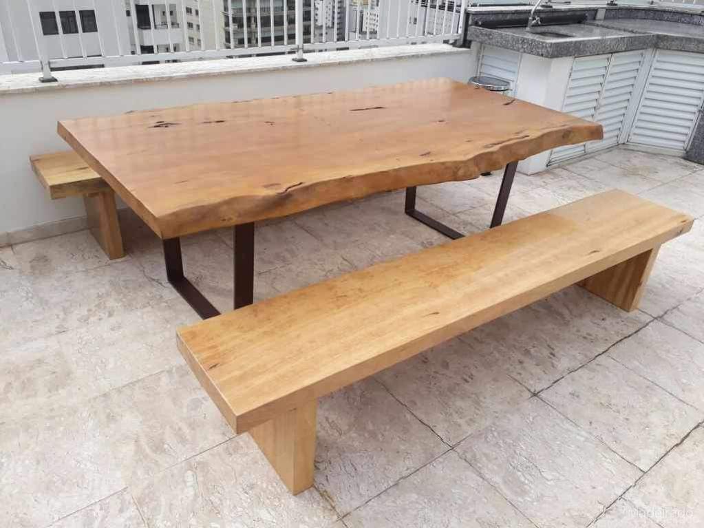 Conjunto Cabapuã - Mesa com 2 Bancos de Madeira Maciça Pequiá 220 x 110 - Image 4
